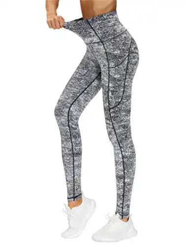 THE GYM PEOPLE Thick High Waist Yoga Pants with Pockets, Tummy Control Workout Running Yoga Leggings for Women (Small, Black & White Jacquard)